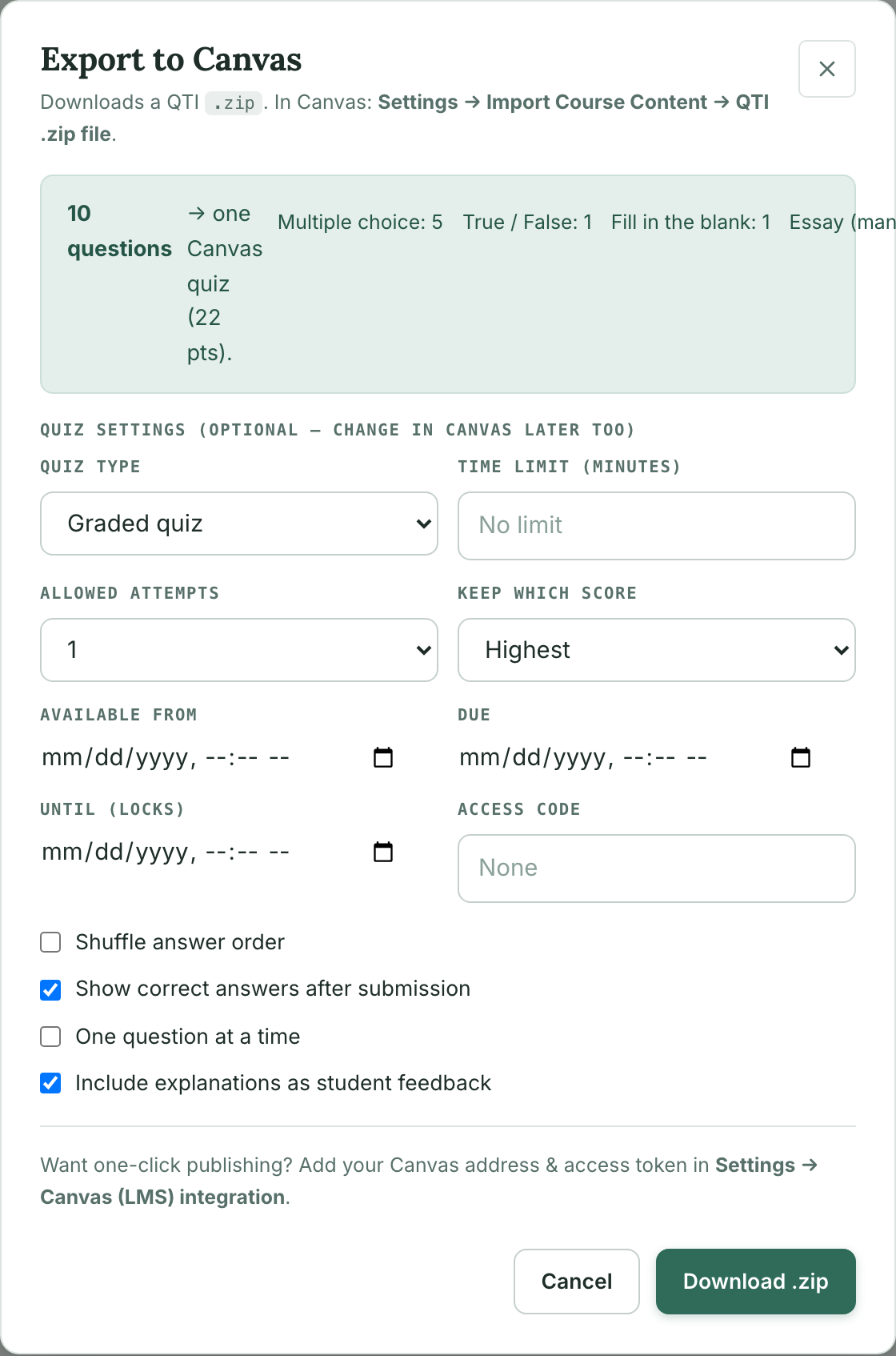 Canvas export dialog