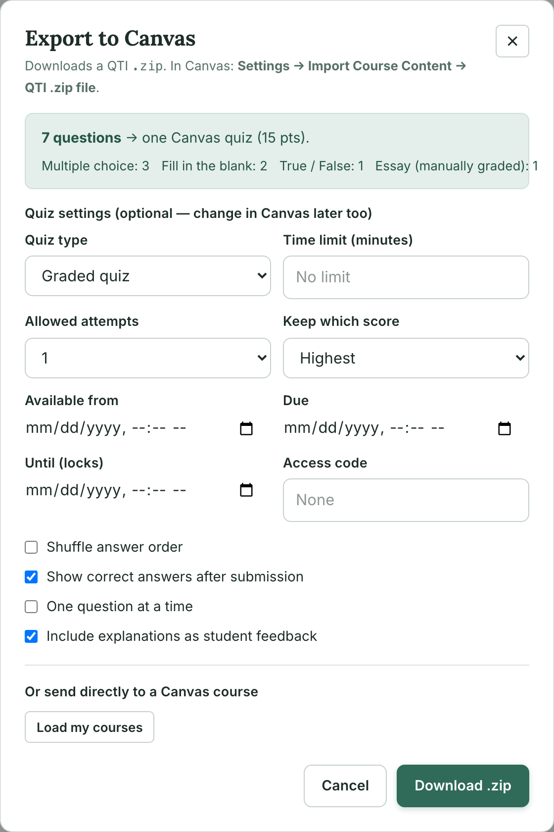 Canvas export dialog