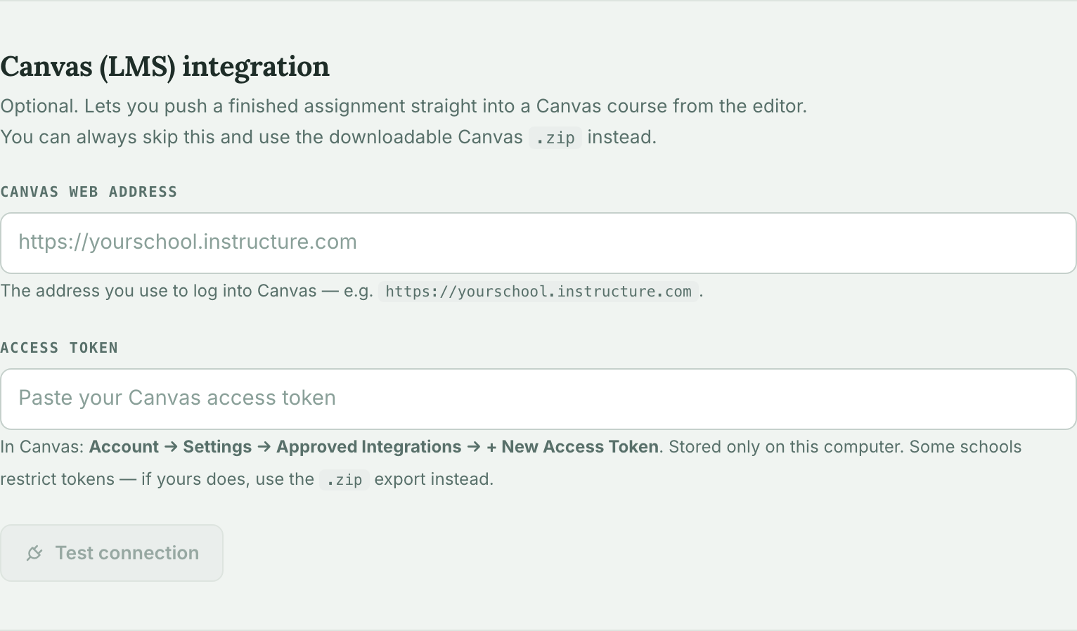 Canvas integration settings
