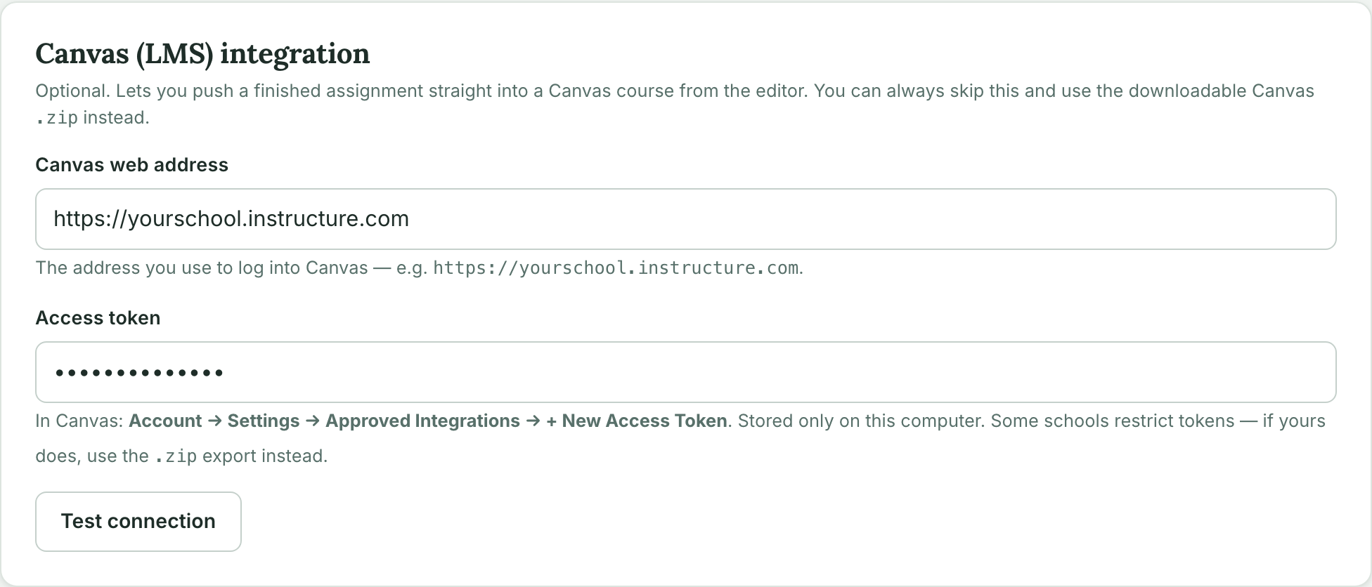 Canvas integration settings
